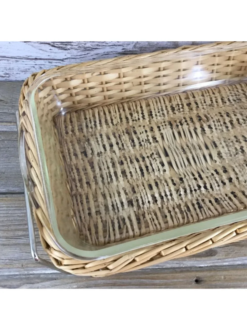 Vintage Glasbake 2½ Qt Rectangular Glass Dish w/ Wicker Basket & Metal Frame